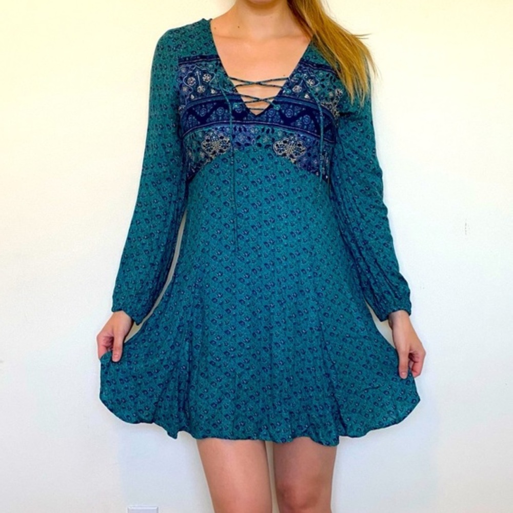 Hollister Fit & Flare Teal Lace Up BOHO Dress